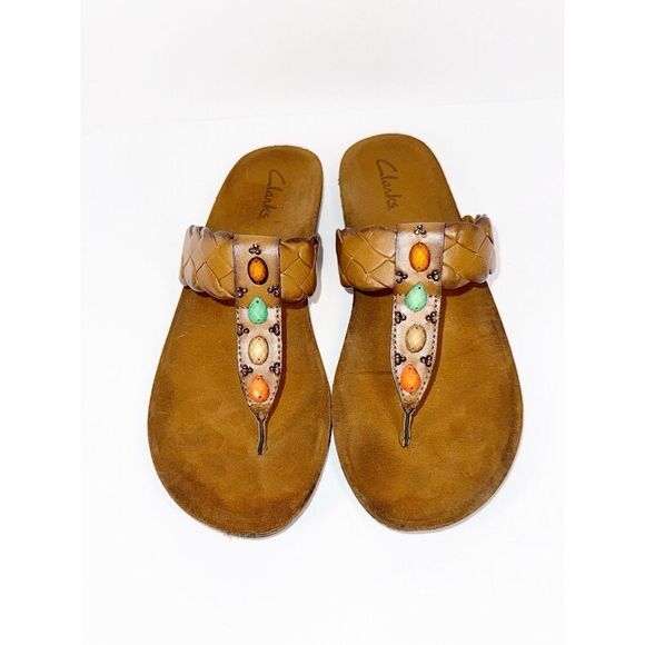 Clarks Thong Sandals Brown Vegan Leather Jewels Boho Western Aztec Coral Braid 8 - Picture 3 of 16